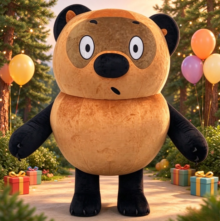 Event & Party Supply - 茶色と黒色のクマの着ぐるみ。大人用、全身を覆う、ふわふわ素材のコスチューム。パーティーやパレード、イベントでのコスプレに最適。
