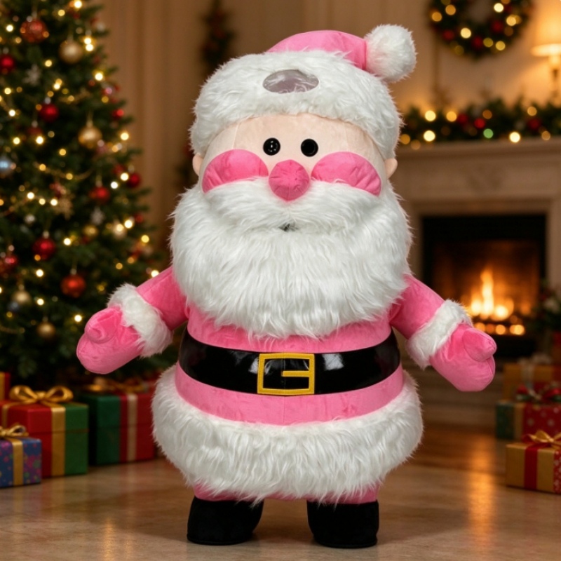 Event & Party Supply - ピンク色のサンタクロースの着ぐるみ。大人用、全身を覆うぬいぐるみ素材のコスチューム。クリスマスパーティーやイベントでのコスプレに最適。