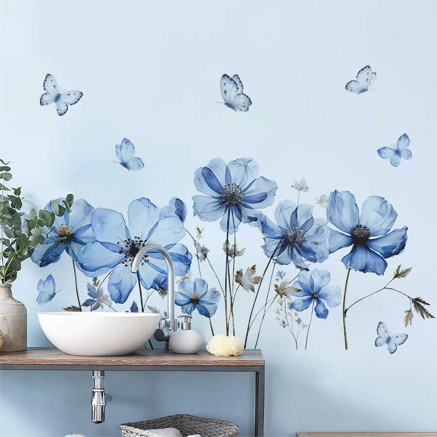 Flower Wall Panel - 新鮮な青い蝶と花のウォールステッカー、寝室、リビングルーム、玄関、家の装飾用の粘着式デカール