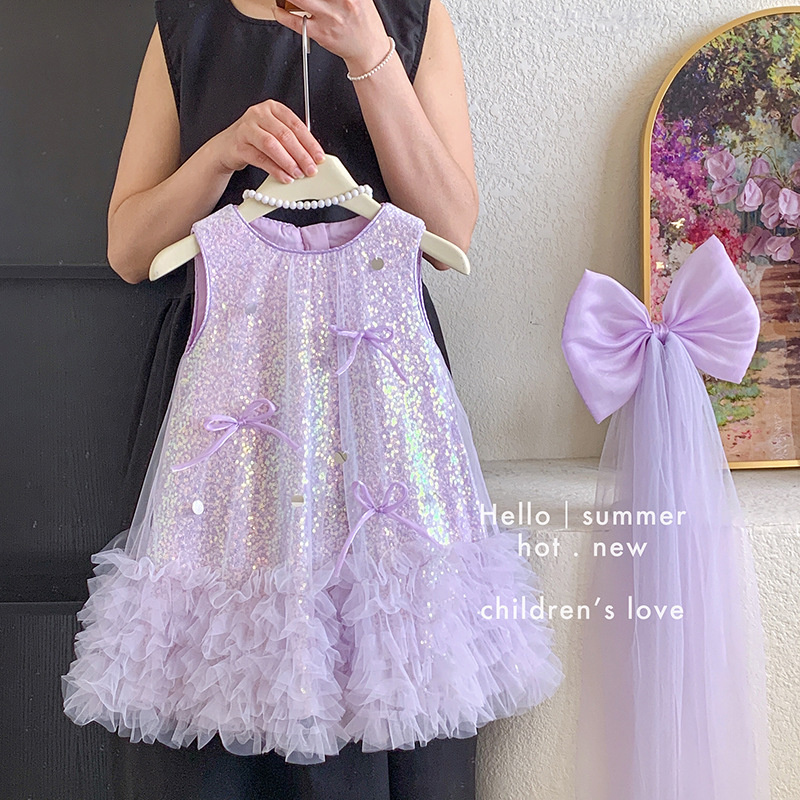 Glitter Tablecloth - プリンセスガールズスパンコールドレス 2026 新しい子供パープルチュール Vestidos オールシーズン子供ファッションメッシュガウン 2-10