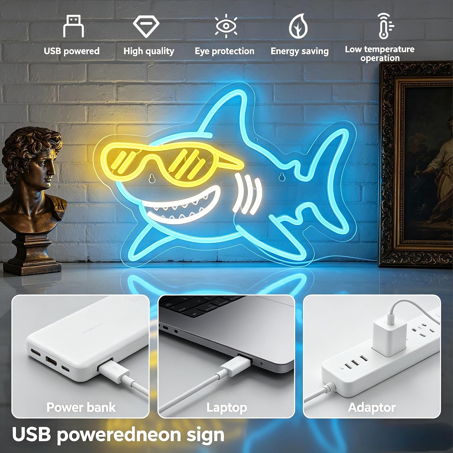 サングラスをかけたクールなサメのネオンサイン USB電源 L - Neon Sign Party のレビューと価格