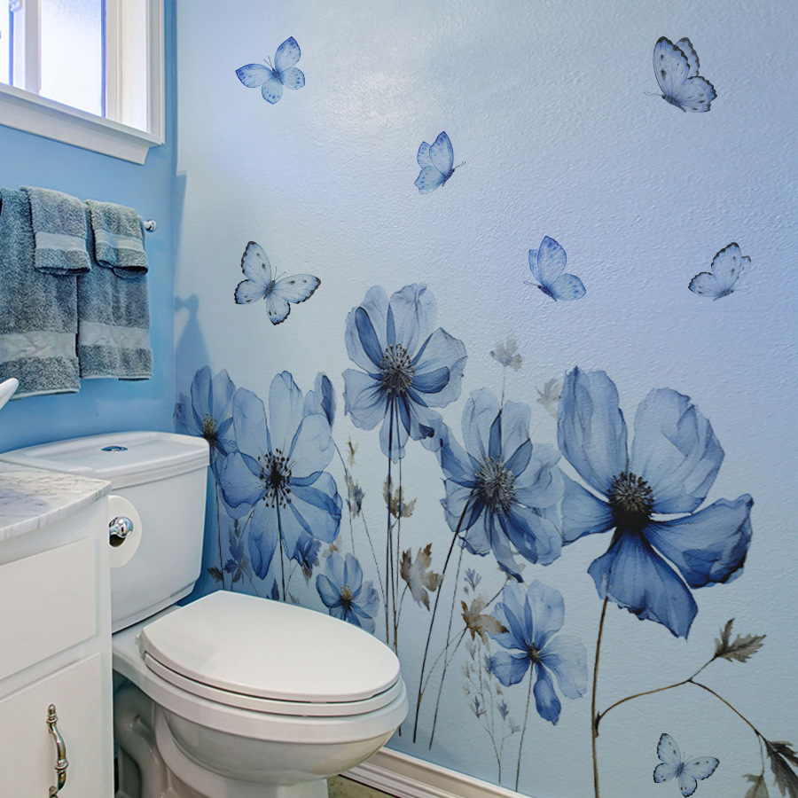 新鮮な青い蝶と花のウォールステッカー、寝室、リビングルーム、 - Flower Wall Panel のレビューと価格